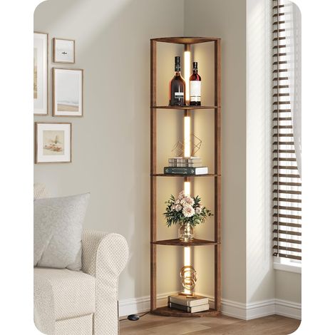 Floor Lamp with Wooden Shelves, Corner Shelf for Living Room, 20W LED Adjustable Floor Lamp, 360° Swivel Light Bar for Bedroom, Office, Rustic Brown (1/5)
