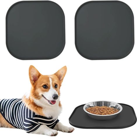 Lot de 2 tapis de nourriture en silicone imperméables - Tapis de gamelle pour chats - 26 x 26 x 1 cm - Carré - Plateau de nourriture pour chiens et chats - Antidérapant - Gris (1/5)