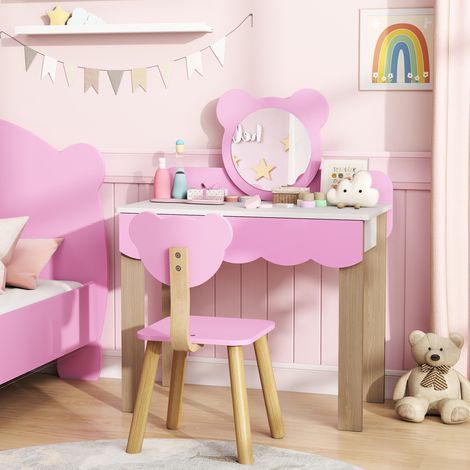 Set da toeletta per bambini con sgabello, specchio per il trucco, a forma di orsetto, cassetto, in MDF, rosa