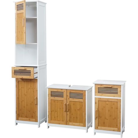 Badezimmerset HHG-145, Hochschrank Waschbeckenunterschank Kommode Bambus, MVG-zertifiziert weiß