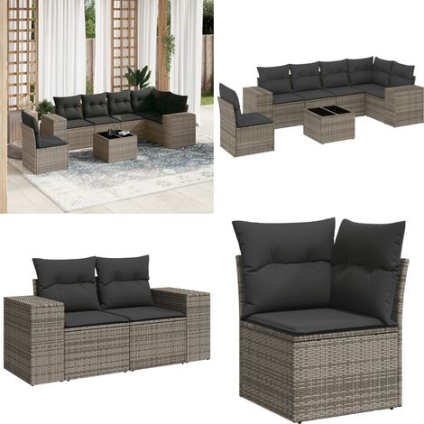 7-tlg. Garten-Sofagarnitur mit Kissen Grau Poly Rattan - Gartenmöbel Set - Esszimmergarnitur - Outdoor Möbel - Rattan Gartenmöbel - Lounge Garnitur - Home & Living (1/5)