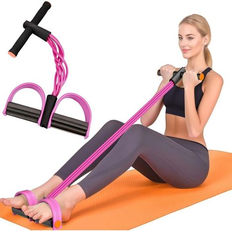 Widerstandsband mit Griff, 6-fach elastisches Widerstandsband für Pedale, Knöcheltrainer aus Naturkautschuk für Bauchübungen, Training für Bauch, Taille, Arme und Beine (rosa)