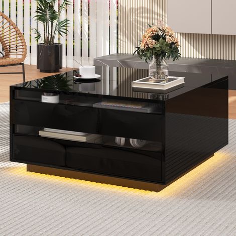 Table basse relevable 70x70x38 cm noire en panneaux de particules et acrylique avec LED, rangement intégré et tiroir (1/5)