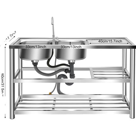Évier de cuisine, double cuve, robinet rotatif à 360°, Argent (1/2)
