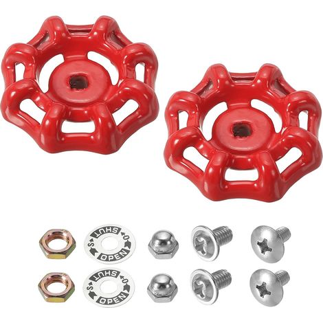 Poignée de Robinet Extérieur, Trou de Tige Carrée 5x5mm, Poignée de Robinet en Fonte d'Acier Rond, Remplacement de Poignée de Robinet d'Eau avec Vis et Entretoise, Rouge, 2 Pcs (1/5)