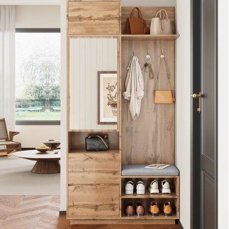 Mobile scarpe da ingresso con specchio, panca e ganci, MDF naturale DESVIAE (1/5)