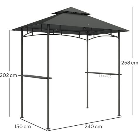 Pavillon de jardin avec éclairage LED, 240 x 150 x 258 cm, hydrofuge et ignifugé, toit double paroi, étagères latérales, protection UV, gris foncé. (1/5)