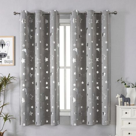 Rideaux Occultants Enfant Noir avec Lune et Étoiles pour Chambre - Voilage Galaxie Découpé avec Œillets pour Pépinière - Stores Assombrissants Bébé Longueur 213 cm 2 Panneaux (Noir 132x213 cm) (1/5)