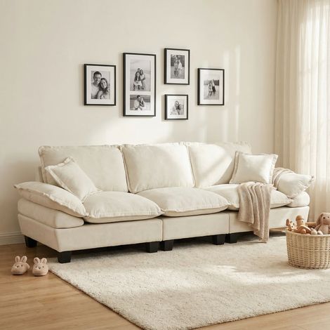 Segelboot-Sofa aus Chenille, 3-Sitzer mit gebogenen Armlehnen, komfortorientierte Couch für kleine Räume & Apartments, Beige
