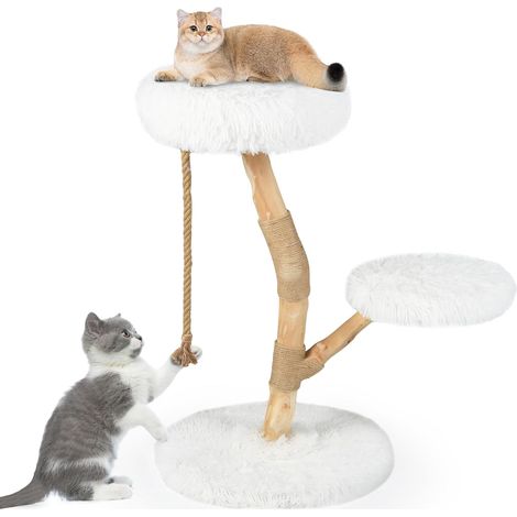 COSTWAY Arbre à Chat, Arbre a Chat Bois de Poirier, 3 Plateformes, Poteaux à Griffer en Jute, Corde en Jute, Tissu Peluche, Tour pour Chaton à 3 Niveaux, Chaque Charge 10 kg (90 cm,Blanc) (1/5)
