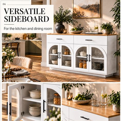 Credenza cucina 147x40x86 cm in MDF bianco e naturale con LED e contenitore – MEUBLIV (1/5)