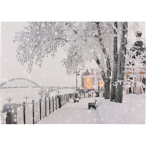 LED Bild beleuchtet - Brücke / 40 x 30 cm - Wandbild Leuchtbild Winterlandschaft auf Leinwand … B09KGTK673