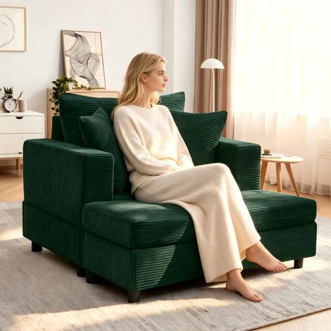 Canapé convertible chaise longue avec repose-pieds et rangement - Velours côtelé vert émeraude livré avec 3 coussins - Adapté salon chambre appartement (1/5)