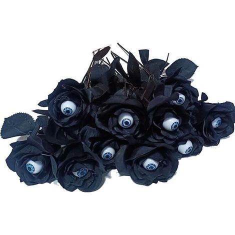 Ramo de 6 rosas negras artificiales para Halloween, rosas falsas de tallo largo, decoración para el hogar o fiestas, flores con ojos. (1/2)