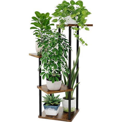 Support Plantes Intérieur 4 Niveaux Blanc, Porte Plante Intérieur En Métal Pour Plusieurs Plantes, Étagère Plante D'Angle, Porte Plante Extérieur Pour Balcon, Jardin, Salon (Brun Rustique) (1/5)