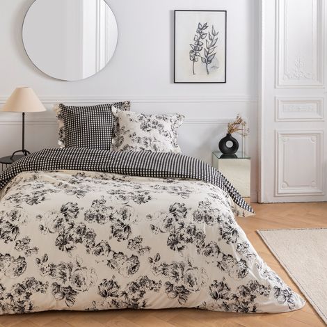 Parure de lit 240x220 cm en coton 57 fils – Imprimé floral et vichy – 2 taies d'oreiller 63x63 cm – Lavable à 60°C – Future Home