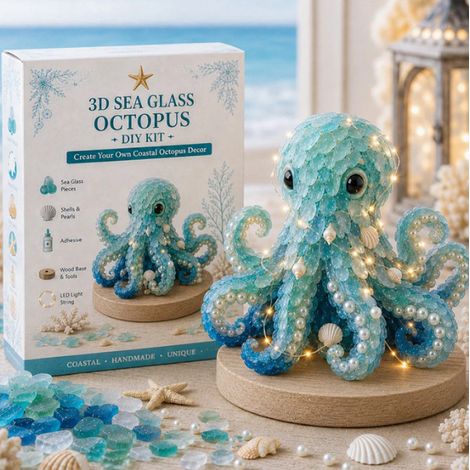 Sapin de Noël en verre de mer, ensemble d'art artisanal 3D lumineux, pieuvre