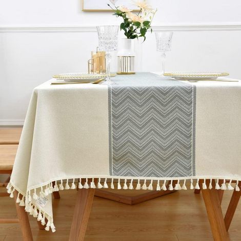 Abwaschbare Leinentischdecke 135x135cm Weiß Boho Leinenoptik Quadratisch