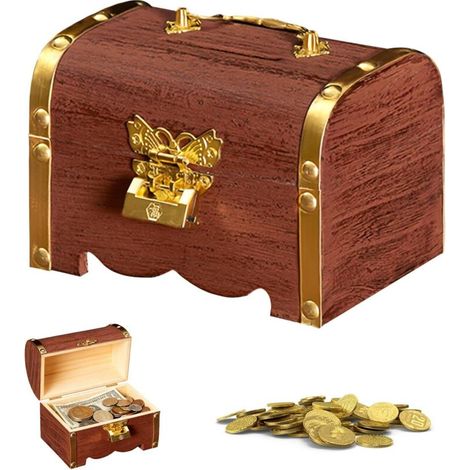 Coffre au Trésor en Bois Vintage, Petit Coffre au Trésor Rétro Tirelire Rangement en Bois Petit Coffre Boîte à Trésor Avec Serrure et Clés pour Stockage, Décoration,Or (1/5)