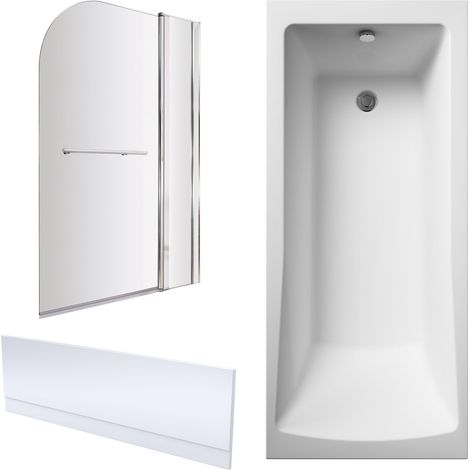 Square Single Ended 1700x700 Bath with Front Panel, Chrome Straight Bath Screen with Fixed Panel and Towel Rail & Leg Set (1/4)