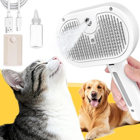 1 Brosse à vapeur pour chat, peigne autonettoyant 3 en 1, pulvérisation ultrasonique, acier inoxydable, chiens et chats (1/5)
