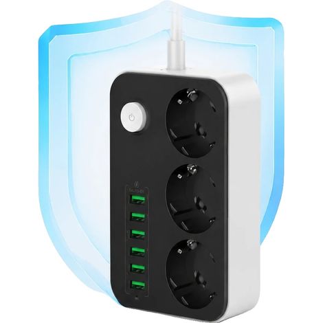Regleta con 3 tomas de corriente alterna, 6 puertos USB inteligentes, potencia máxima de 2500 W, cable de extensión de 2 m y protección contra sobretensiones. (1/5)