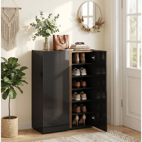 Mobile portascarpe a 6 livelli nero lucido con chiusura soft-close e design senza maniglie, OKWISH (1/5)