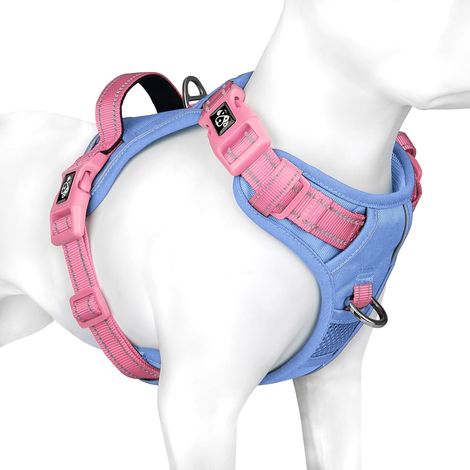 Harnais anti-traction pour chien - Harnais de sécurité réfléchissant et réglable pour chiens de petite, moyenne et grande taille (M, base bleu bébé et bretelles roses) (1/5)