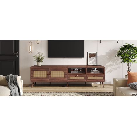Armoire de télévision de 200×37×49,5 cm. Conçue pour accueillir une télévision de 80 pouces. Elle comprend 2 portes, 2 compartiments, et un meuble bas avec 8 pieds. (1/5)