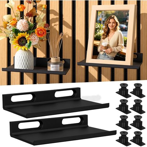 Lot de 2 étagères pour panneaux acoustiques sans perçage Étagère murale noire avec 8 vis, panneaux muraux pour salon, chambre à coucher, bureau (15 x 9 cm) (1/5)