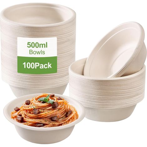 Lot de 100 bols à soupe jetables en carton - 500 ml - Pour soupes, assiettes creuses jetables - Biodegradable (1/5)