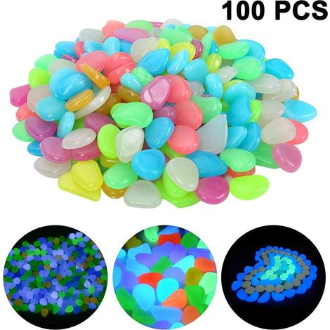 Lot de 100 galets phosphorescents pour jardin, pierres lumineuses pour la décoration intérieure et extérieure, pelouse, aquarium, allée, chemin, allée carrossable, chemin d'accès, solaire (1/4)