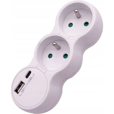 Repartidor eléctrico con 2 tomas 2x2P+Z + USB tipo A y C 2,4A Blanco