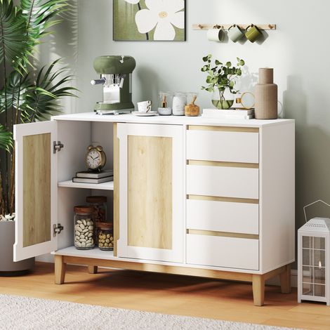 Credenza, mobile contenitore con 2 ante e 4 cassetti, ripiano regolabile, 120 x 40 x 86 cm, bianco e rovere (1/5)