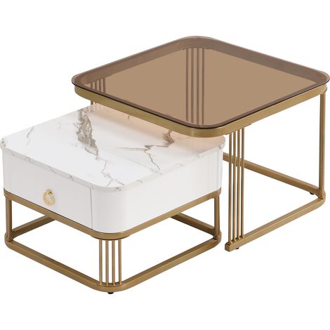 Couchtische im Set mit 1 Schublade, Hochglanz-Marmoroptik und Teebraunem Glas, Modern, aus MDF, Weiß (1/5)