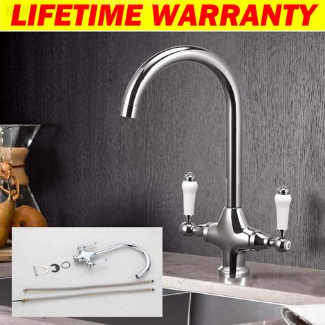 Swivel Twin Lever Kitchen Sink Mixer Taps Chrome Monobloc Basin Tap, Traditional Basin Twin Lever Brass Chrome Cloakroom Taps (1/5)