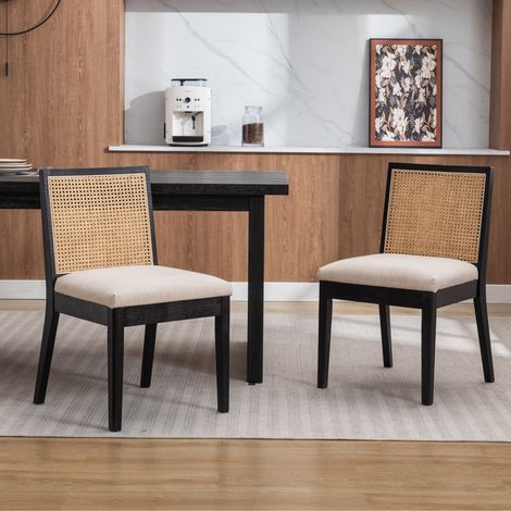 Wahson Lot de 2 Chaises en Lin, Chaises de Salle à Manger en Rotin et Bois Chaise Salle à Manger Rétro en Bois Massif Pour Cuisine, Noir