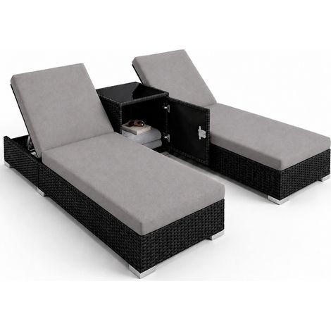 Set 2 Lettini Prendisole In Polyrattan Con Tavolino Contenitore E Cuscini Schienale Regolabile 5 Posizioni Sdraio Da Giardino Terrazzo Piscina 184 x 60 x 21 Cm Nero E Grigio (1/5)