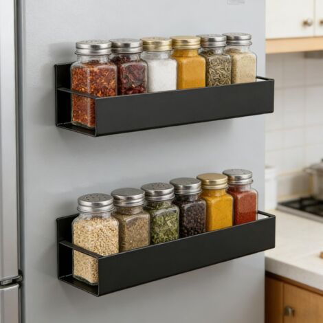 2 Pièces Etagere Magnetique Frigo,Etagère Réfrigérateur, Support à épices sans perçage,étagère magnétique pour l'organisation et le stockage de la cuisine, en métal et noir (1/5)