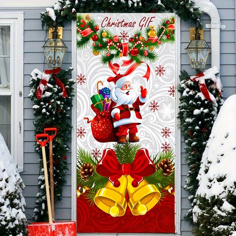 Décorations de Noël pour fêtes : rideaux, banderoles, fanions, drapeaux, décorations de porte, accessoires, guirlandes décoratives - 90 x 180 cm (collés + ruban) - 14