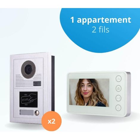 Portier interphone vidéo MODERN 2 Fils pour 2 entrées - 1 appartement - 2 platines - 1 écran blanc - avec lecteur de badge