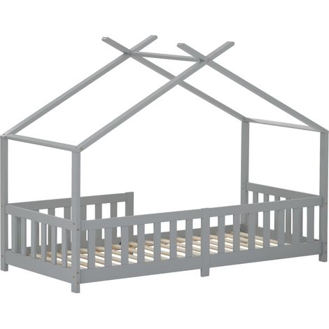 Cama cabaña infantil gris 90 x 200 cm con barrera de seguridad y somier de lamas (1/5)