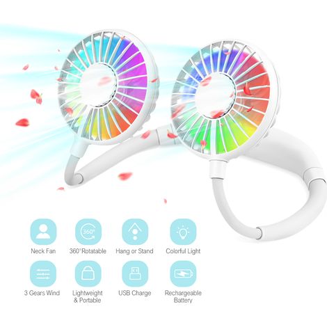 Ventilateur de cou suspendu, aromathérapie, 3 vitesses, LED 7 couleurs (rechargeable)