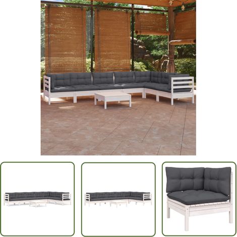 The Living Store 8-tlg. Garten-Lounge-Set mit Kissen Weiß Kiefer Massivholz - Garten Lounge Set - Kiefernholzmöbel - Outdoor Möbel - Gartengeräte - Loungemöbel (1/5)