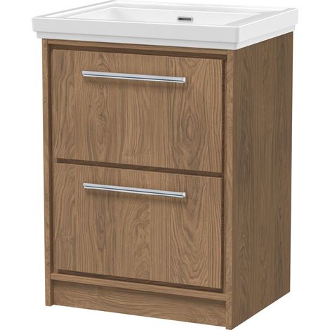 Longnor 2 Drawer Floor Standing Vanity Unit with 0 Tap Hole Traditional Fireclay Basin, Antique Oak, 600mm