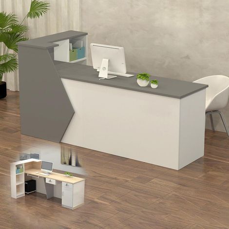 Empfangstheke mit Stauraum, 100-300 cm, für Büro, Praxis, Salon, Grau + Weiß (1/5)