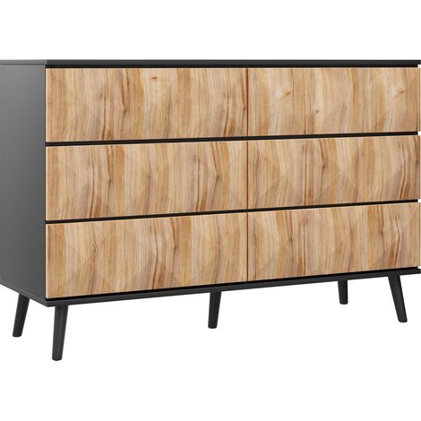 Moderne Kommode mit 6 Schubladen, Schwarz und Holzoptik, 120 x 40 x 85 cm (1/5)