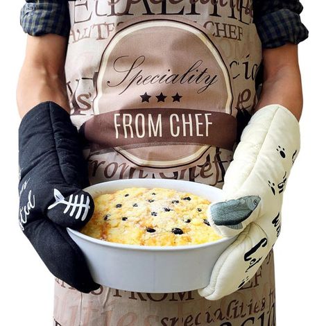 Guanti da cucina resistenti al calore per cucinare, grigliare, cuocere al forno, avorio e nero, design a forma di gatto e gatto nero, amanti dei gatti (1/4)