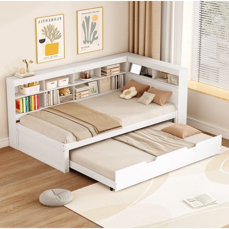 MEUBLIV Cama 90x200 cm blanca – cama nido con USB y almacenaje, sin colchón (1/5)
