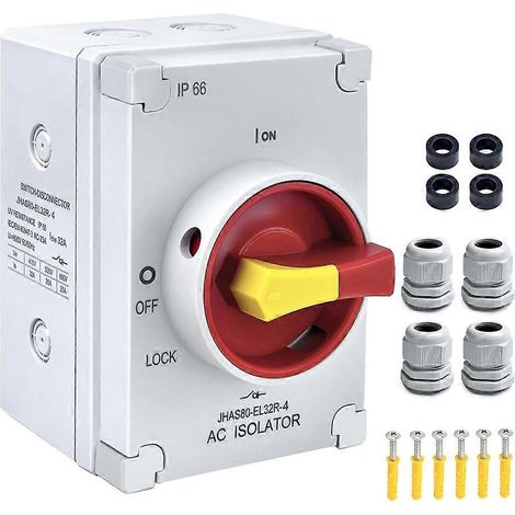 Interrupteur sectionneur 4 pôles 32 A, 800 V CA, étanche IP66, à poignée rotative, pour usage industriel, commercial et résidentiel (1/5)